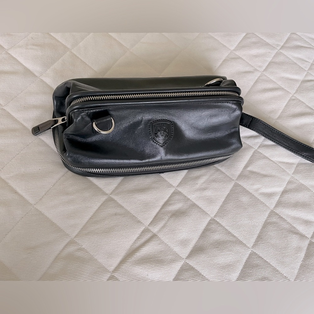 Rudsak quality black real leather men’s toiletry bag wide metal zippers logo